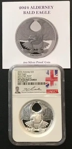 2024 Alderney Bald Eagle 2 oz Silver Proof UHR NGC PF70 Ultra Cameo FDOI Signed! - Picture 1 of 4