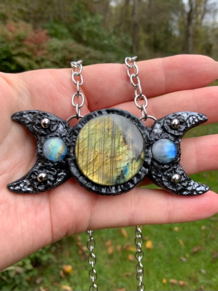 Huge Labradorite Pendant Necklace Triple Moon Artisan Handcrafted - Image 1 of 4
