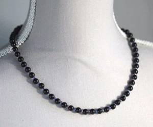 BLACK AGATE 6MM ROUNDS & PURPLE LINED SEED BEADED NECKLACE & EARRING SET ~ 19" - Picture 1 of 5