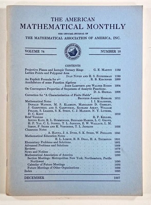 1967 Dec AMERICAN MATHEMATICAL MONTHLY Projective Planes LATTICE POLYGON AREAS c - Image 1 of 3