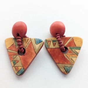 Vintage Estate Modernist Geometric Ethnic Wooden Beaded Drop Post Stud Earrings - Picture 1 of 4