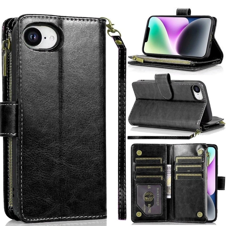 For iPhone 16e Case Luxury Wallet Card ID Zipper Money Holder + Tempered Glass - Image 1 of 1