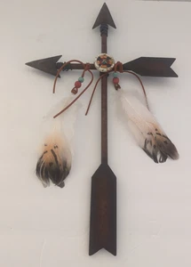 Metal Aged Arrow Religious Cross Medallion Beads Feathers Santa Fe Style 18x10.5 - Picture 1 of 10