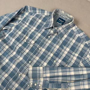 Camisa Denim Wrangler De Colección Para Hombres Grande Perla A Presión Azul Cambray Colas X Largas - Imagen 1 de 19