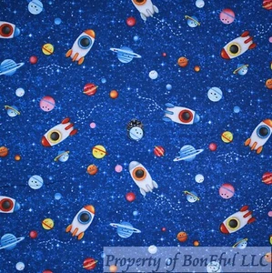 BonEful Fabric FQ Cotton Quilt Blue Sky Star Planet Space Ship Shuttle Galaxy UK - Picture 1 of 12