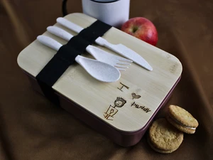 Personalised Children Drawing Maroon Lunchbox & Engraved Lid with Cutlery Set - Picture 1 of 8