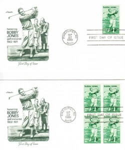 2 Artmaster First Day Covers #1933 Bobby Jones Single & Block of Four Golf 1981 - Picture 1 of 2