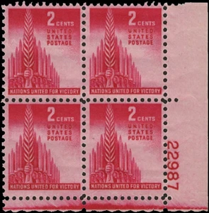 Scott # 907 - 2c Rose Carmine- Allied Nations issue - plate block of 4 - MNH - Picture 1 of 1