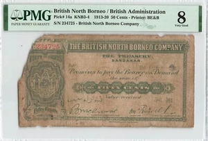 BRITISH NORTH BORNEO 50 Cents 1920, P-14a, Rare Banknote, PMG 8 Very Good (Torn) - Picture 1 of 2