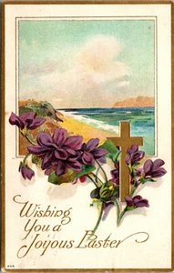Vtg 1909 Wishing You Joyous Easter Ocean Scene Gold Gilt Cross Embossed Postcard - Picture 1 of 2