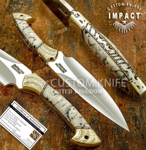 IMPACT CUTLERY RARE CUSTOM D2 FULL TANG SKINNING KNIFE ENGRAVED BRASS BOLSTERS - Picture 1 of 11