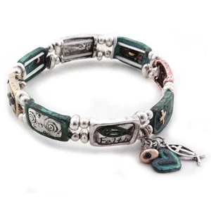 Faith Hope Love Heart Fish Stretch Burnish Patina  Inspirational  Bracelet - Picture 1 of 1