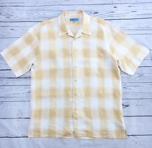 INSERCH Men's Linen Shirt Size XL Tan White Plaid Short Sleeve Button Up Camp - Picture 1 of 11