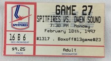 OHL 1997 02/10 Owen Sound Platers at Windsor Spitfires Hockey Ticket