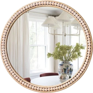 Circle Wall Mirror for Bathroom 20" round Beaded Framed Mirror Farmhouse Wooden - Picture 1 of 8
