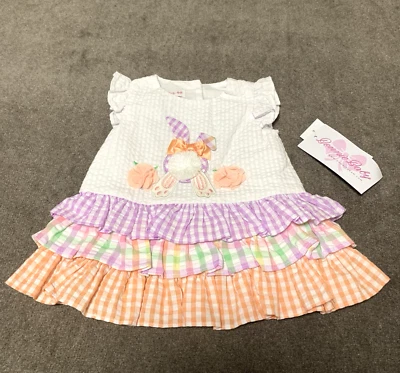Bonnie Baby 6-9 Months Girls Easter Bunny Rabbit Dress Gingham Flutter Sleeve - Image 1 of 4