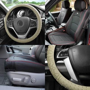 Black Red Leatherette Seat Cushion Bucket Covers w/ Beige Steering Cover For SUV - Picture 1 of 9