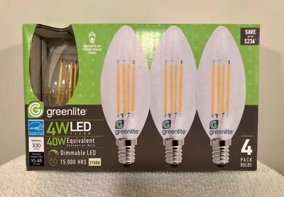 greenlite 40w LED 4w DIMMABLE Candelabra 4-Pack Light Bulb Chandelier 2700K B10 - Image 1 of 4