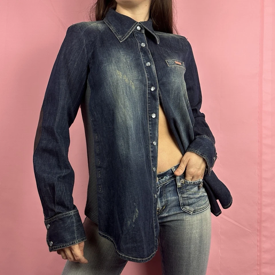 Mariagrazia Panizzi Euro Y2K  Italy Distress dark Denim Shirt  sz 42 medium - Image 1 of 4
