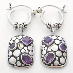 Chico’s Amethyst Hoop Earrings Geometric Silver Dangle Statement Gemstone CZ - Picture 1 of 7