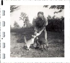 VTG 1950S B&W FOUND PHOTO CRAZY OOAK MAN FEEDS CAT AND FOX AWESOME UNIQUE COOL