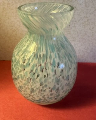 Art Glass Vase 4” Ocean Color Blue White Speckled And Swirl Hand Blown Vase - Image 1 of 4