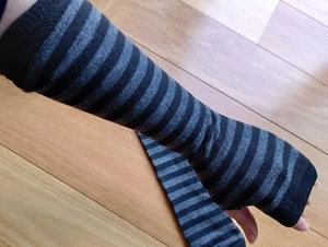 Gothic roller derby fingerless gloves/mittens grey & black stripe elbow length - Picture 1 of 4