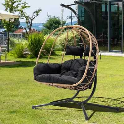 Double Hanging Egg Chair Outdoor Patio Wicker Chair with Stand Canopy Cushion - Image 1 of 4