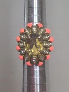 Vintage Stella & Dot Rosanne Pink Neo Enamel Rhinestones Adjustable Brass Ring - Picture 1 of 9