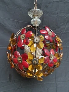 Vtg Italian Tole Colored Floral Prisms Pendant Ball 10"d Light MCM Hollywood - Picture 1 of 23