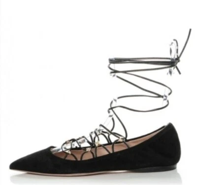 Zapato plano de ballet Valentino Garavani Rockstud negro con cordones de gamuza talla 35/4,5 Foto 1 de 4