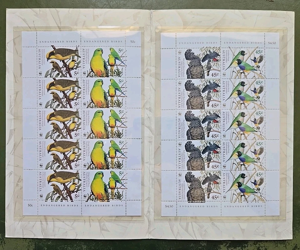 NOVO Selo de Pássaros Ameaçados da Austrália Livro 2 Folhas Completas Postagem MNH Excelente - Imagem 1 de 4