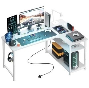 L Shaped Gaming Desk with Power Outlets Corner Computer Desk 110x80CM-white 🚚💨 - Picture 1 of 8