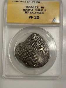 8 Reales 1598-1621 VF 20 Bolivia Philip III Sea Salvaged ANACS - Picture 1 of 5