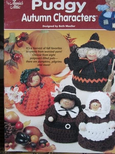 Pudgy Autumn Characters Crochet Pumpkin Pilgrims Witch Crow Indian Scarecrow OOP - Picture 1 of 2