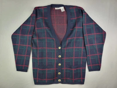 Vintage Talbots Large Wool Blend Cardigan Sweater Blue/Red Plaid Gold Buttons - Image 1 of 4