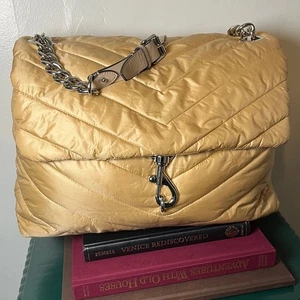 Rebecca Minkoff Edie Nylon Quilted Chain Strap Gold XL Messenger Shoulder Bag - Picture 1 of 16