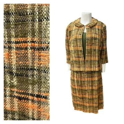 Vintage 1960s Olive Green & Orange Autumn Plaid Dress Set / Women’s Medium ^ - Image 1 of 4