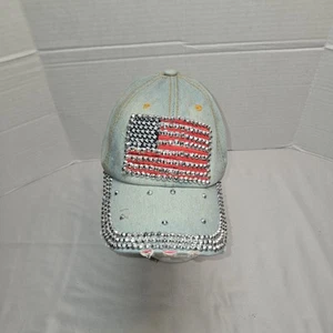 Womens Flag Patched Distressed Denim Baseball Cap - Picture 1 of 6