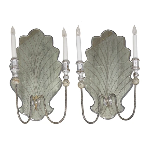 Venetian Style Pair of Silver-Gilt & Eglomisé Glass Wall Sconces Candelabras Cover