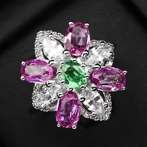 Auffallender rosa grüner Saphir 925 Sterling Silber Handarbeit florale Fassung Ringe - Bild 1 von 8