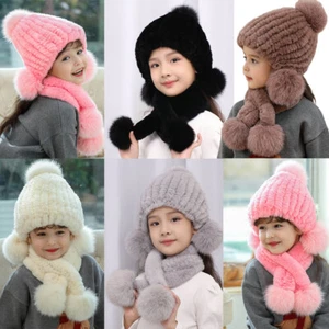Children's Real Rex Rabbit Fur Hat Scarf Sets Girls Winter Warm Beanie Cap Black - Picture 1 of 24