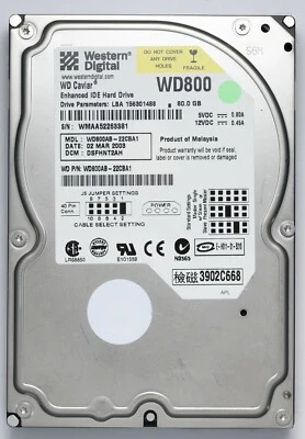 WD Caviar 80GB IDE Desktop Hard Drive Model WD800AB-22CBA1 P/N WD800AB-22CBA1 - Image 1 of 2