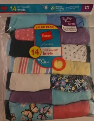 Hanes Girls Tagless Briefs 14 Pair Underwear  Size 10 MSRP $22 - Image 1 of 2