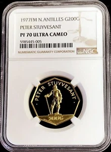 1977 FM GOLD NETHERLANDS ANTILLES 200 GULDEN PETER STUYVESANT NGC PROOF 70 UC - Picture 1 of 3