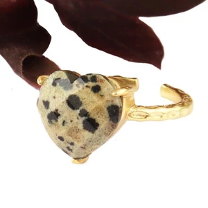 Heart Gemstone Ring Dalmatian Jasper Gold Plated Prong Setting Adjustable Ring. - Picture 1 of 3