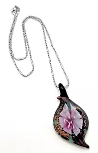 Lampwork Glass Floral Pendant Necklace Pink & Purple Silver Chain Hand Blown 18" - Picture 1 of 10