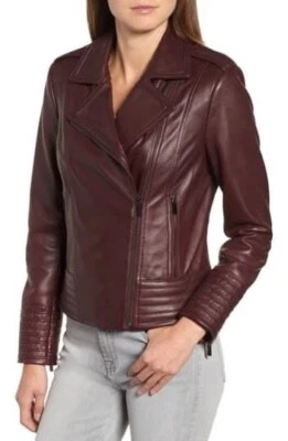 Chaqueta de motociclista de cuero XS Badgley Mischka Gia nueva con etiquetas vino borgoña Foto 1 de 4