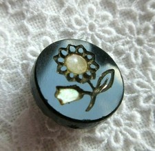 6444 – Small Inlaid Pearl-Shell Flowers in Incised Black Glass Vintage Button