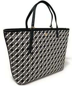 TORY BURCH GEO LOGO BLACK/WHITE GOLD HARDWARE MINI ZIP TOTE CROSSBODY - Picture 1 of 15